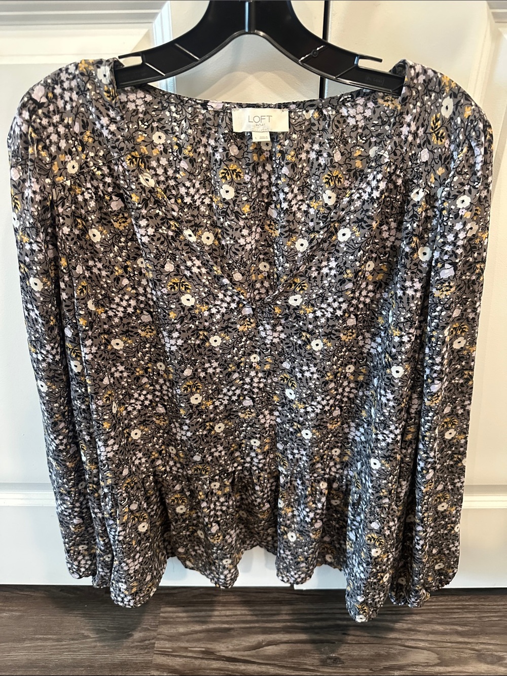 LOFT Black, White and Yellow Floral Peplum Blouse